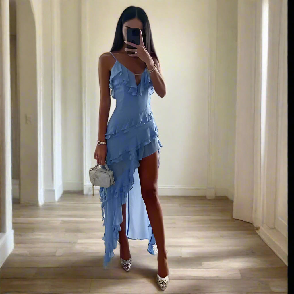 Stylischs Blaus Ärmelloses Maxi-Party-Kleid Mit Rüsche Für Damen | Ideal für Frühling/Sommer