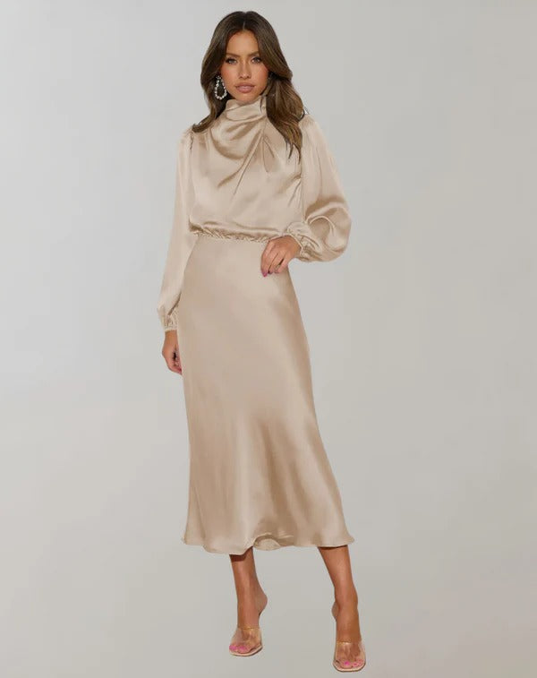 Modernes Satin Hochkragen Puffärmel Kleid Für Damen | Ideal für Frühling/Sommer