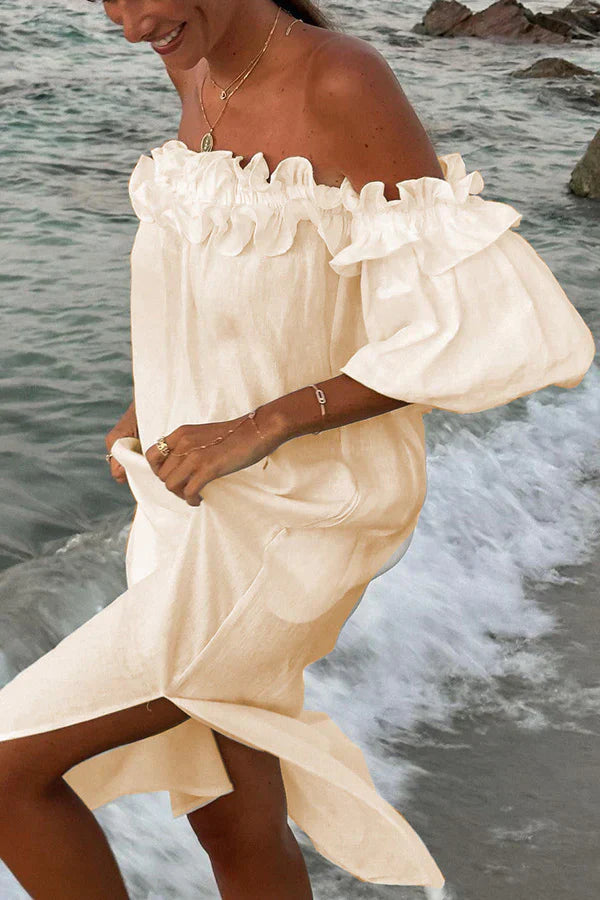 Lässiges Kleid Aus Leinen Mit Rüschen Und Schlitz Für Damen | Ideal für den Sommer