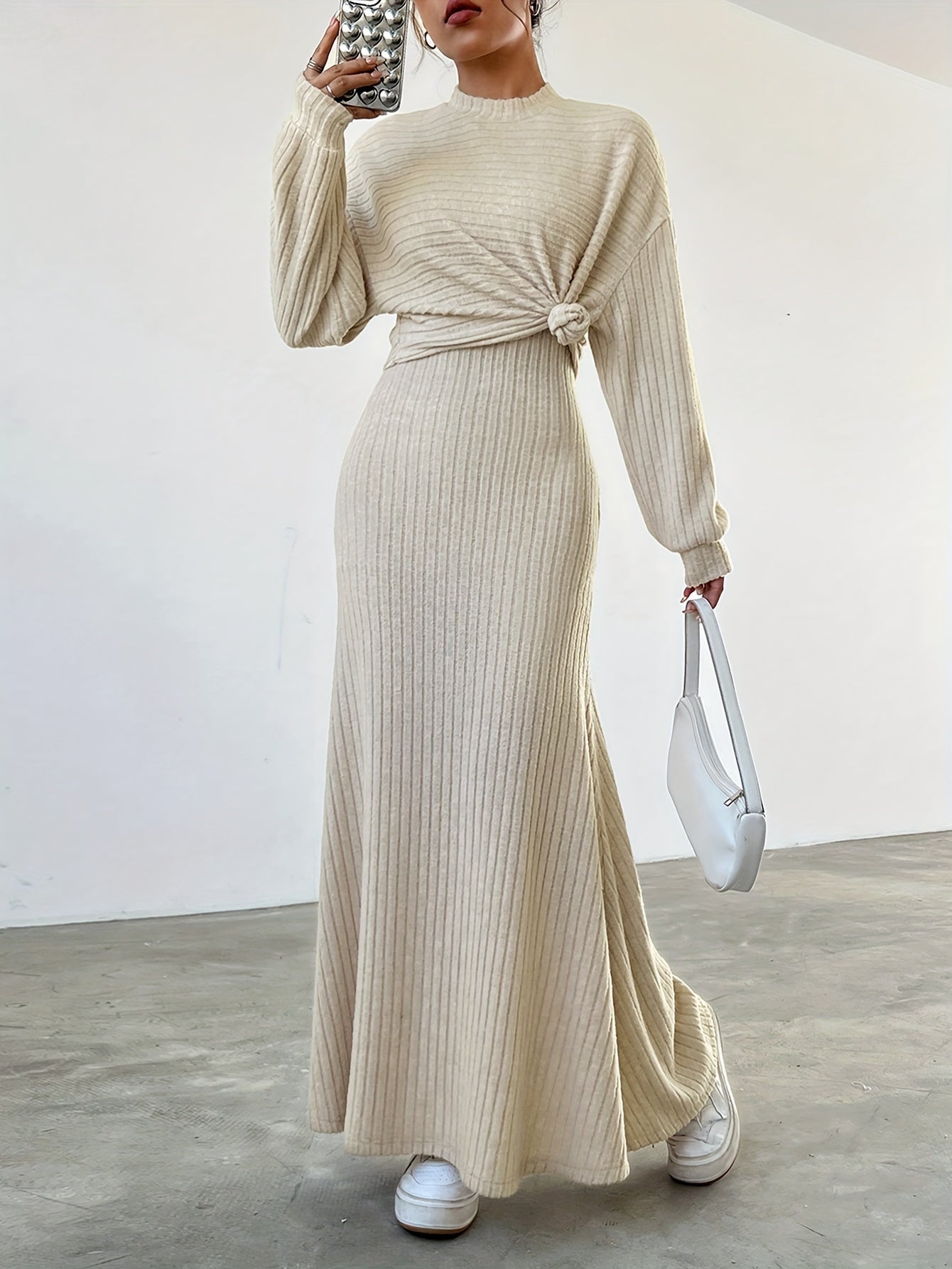 Casual crew neck long sleeve top & maxi tank dress outfit set for women | perfect for casual days