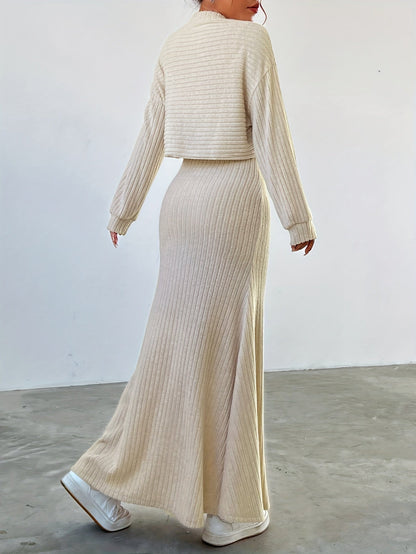 Casual crew neck long sleeve top & maxi tank dress outfit set for women | perfect for casual days