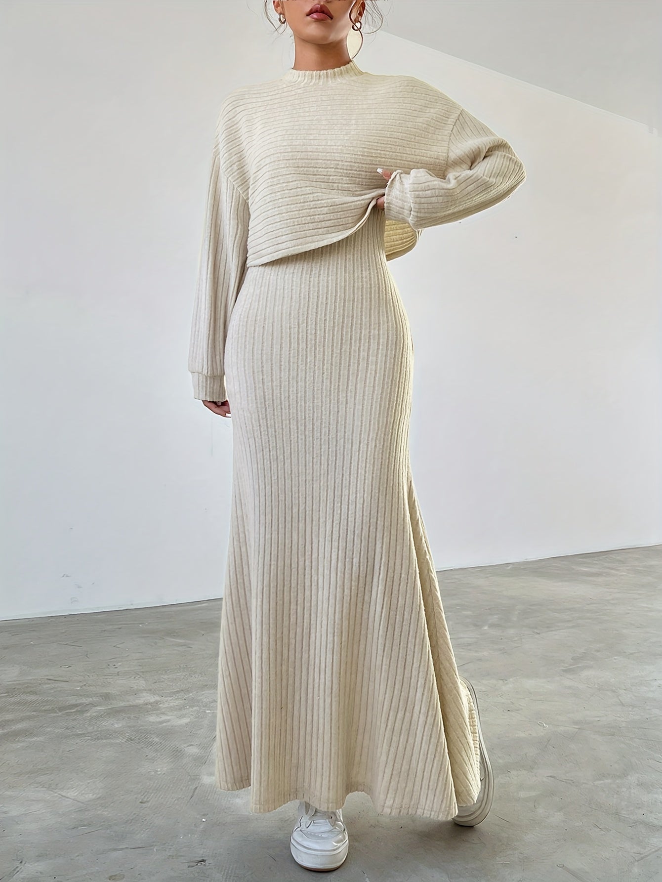 Casual crew neck long sleeve top & maxi tank dress outfit set for women | perfect for casual days