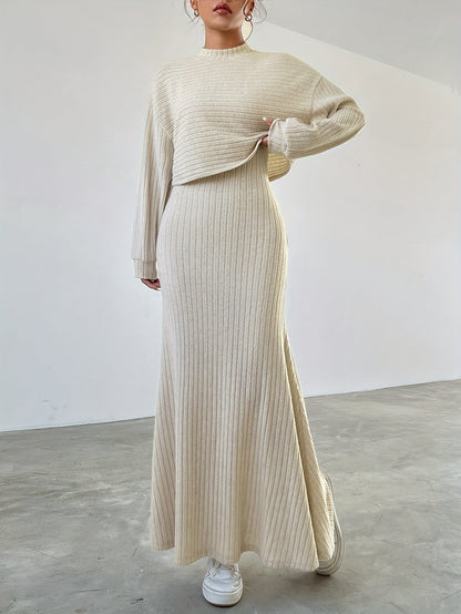 Casual crew neck long sleeve top & maxi tank dress outfit set for women | perfect for casual days