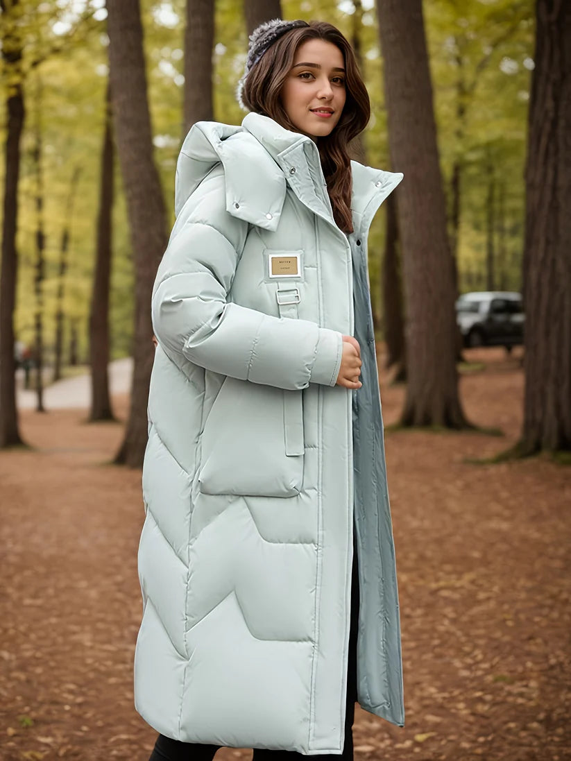 Elegante Warme Lange Puffer-Winterjacke mit Kapuze für Frauen | Perfekt für Outdoor-Aktivitäten