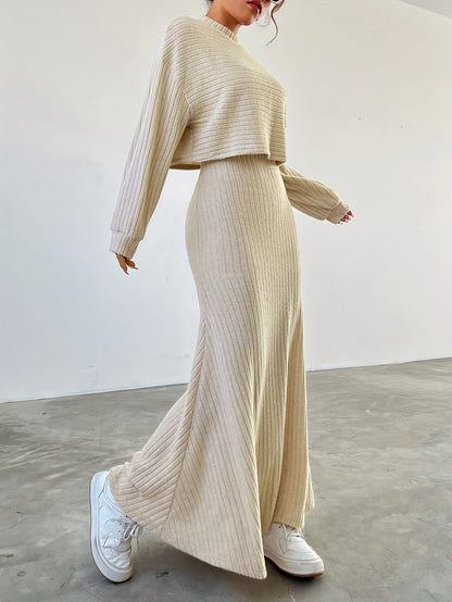 Casual crew neck long sleeve top & maxi tank dress outfit set for women | perfect for casual days