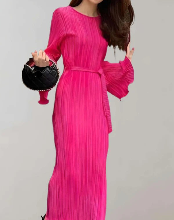 Modernes Metallisches Falten Langarm Midi Kleid Mit Gürtel Für Damen | Ideal für Frühling/Sommer